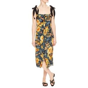 100% Silk Sandro Midi Dress With Bow Shoulders and Sunflower Print